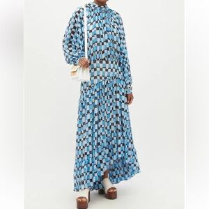 NWT Marni blue Dolman-sleeve checked silk maxi dress